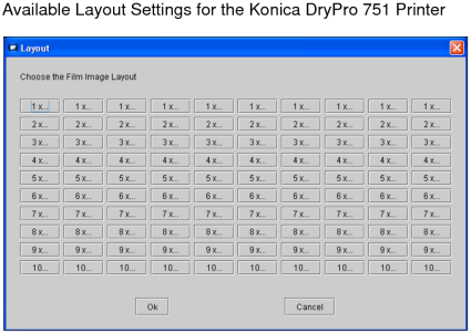 Available layout settings for the Konica DryPro 751 printer